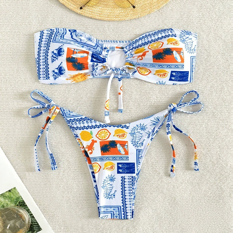 Two-Piece Bandeau Bikini Set with Front Tie and Side-Tie Bottoms view 6