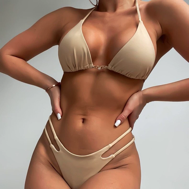 Triangle Halter Bikini Set with High Waist Double Strap Bottoms