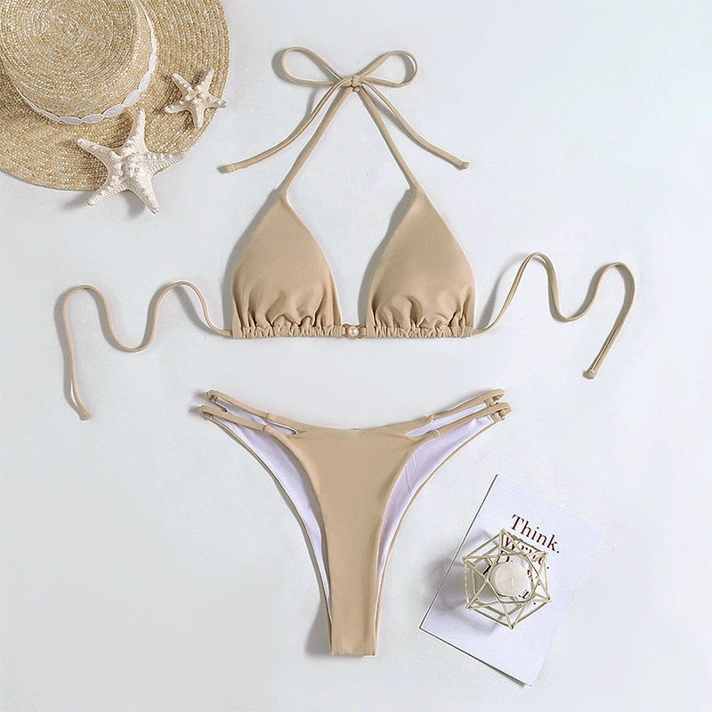Triangle Halter Bikini Set with High Waist Double Strap Bottoms