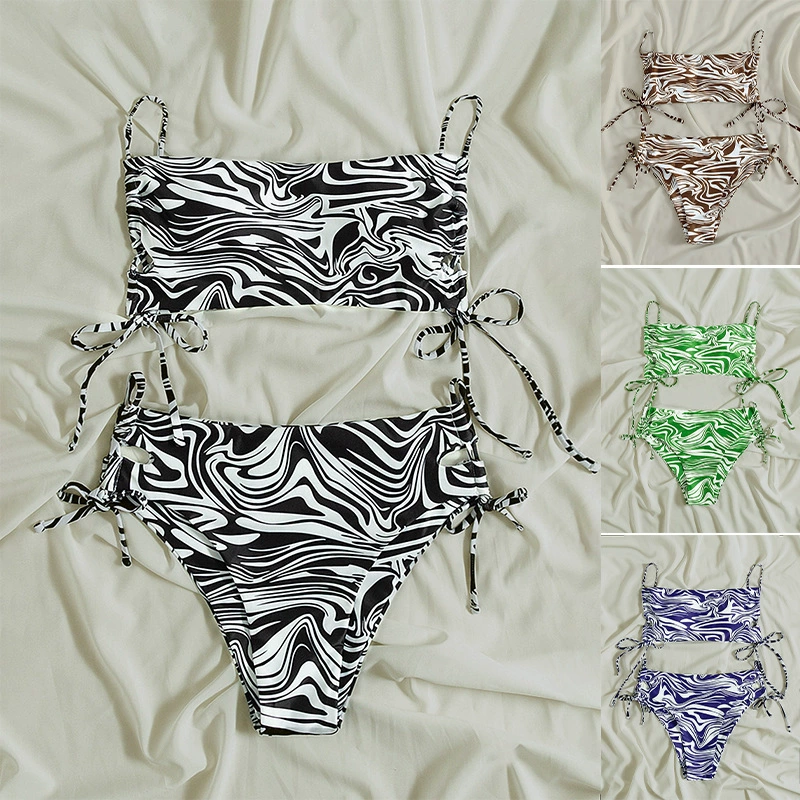 Two-Piece Bandeau Bikini Set with High-Waisted Side-Tie Bottoms