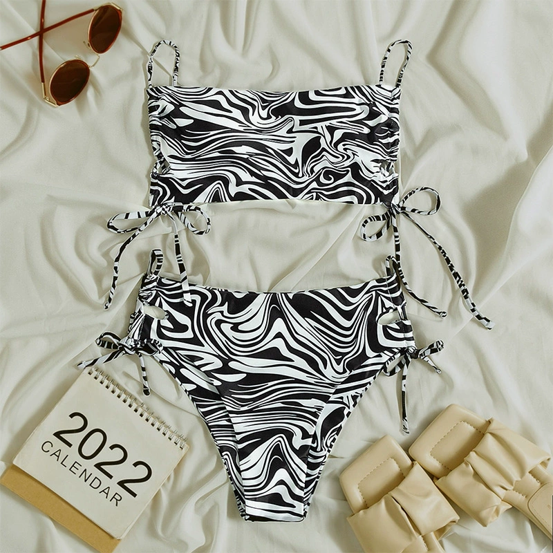 Two-Piece Bandeau Bikini Set with High-Waisted Side-Tie Bottoms