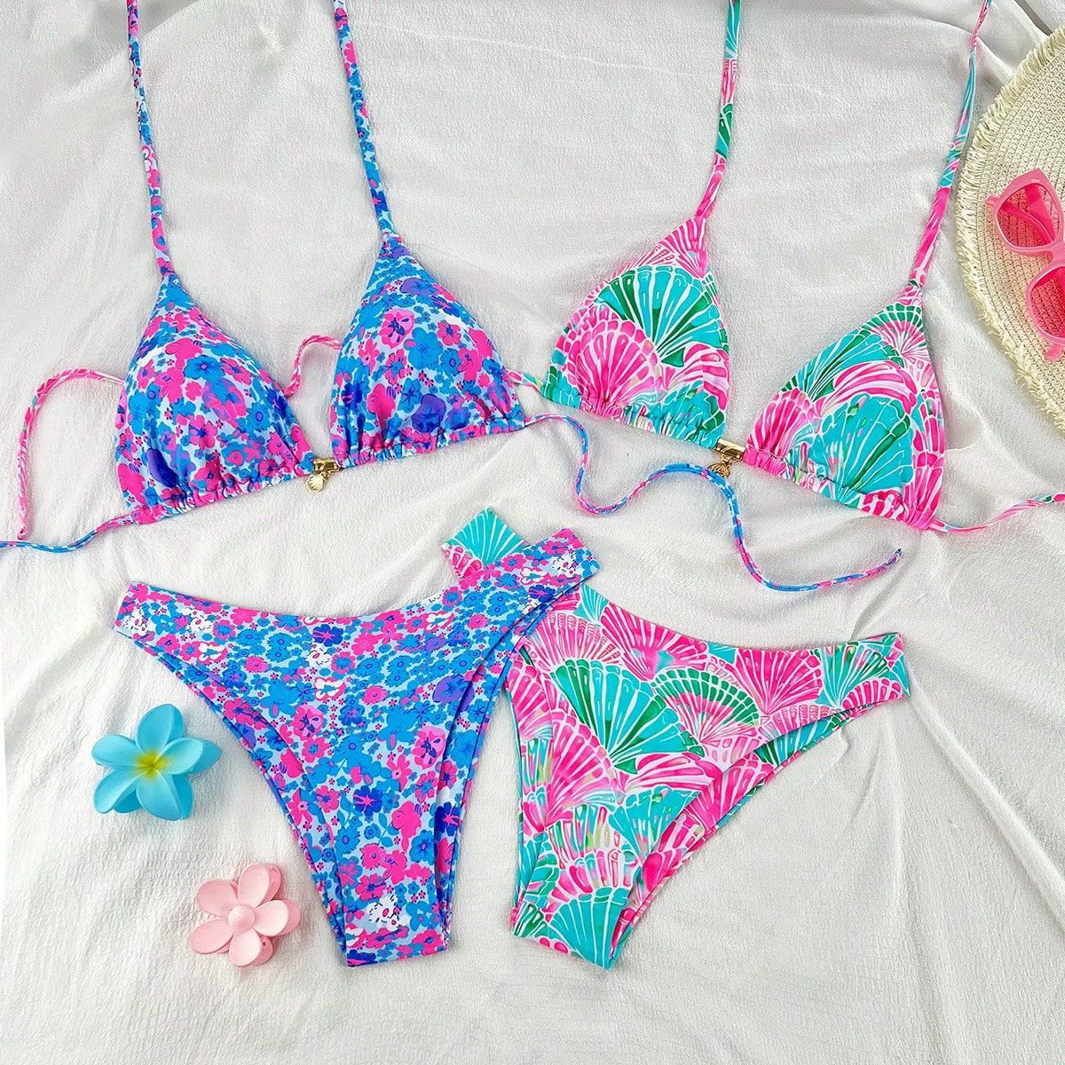 Halter Triangle Bikini Set with Front Clasp and Side-Tie Bottoms