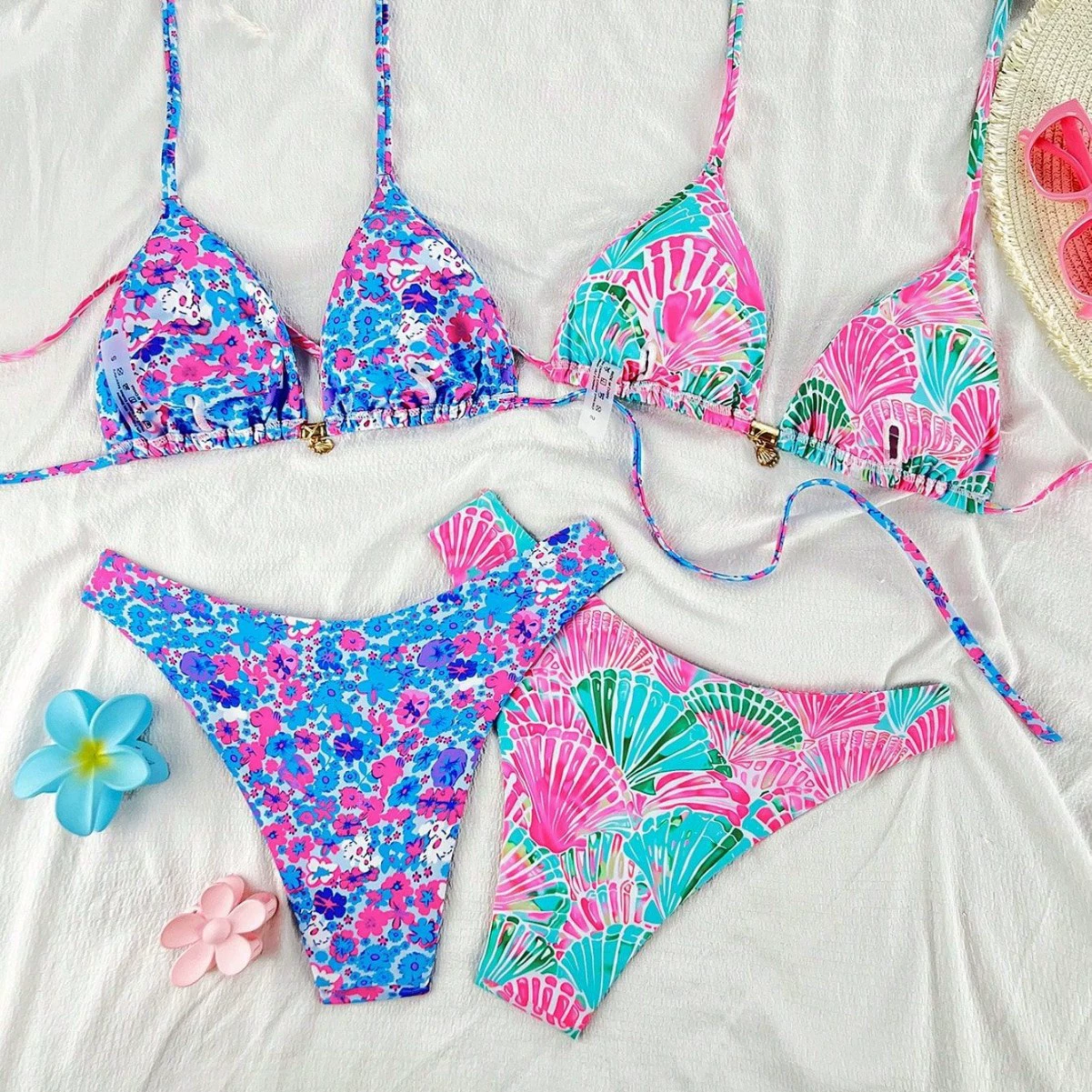 Halter Triangle Bikini Set with Front Clasp and Side-Tie Bottoms