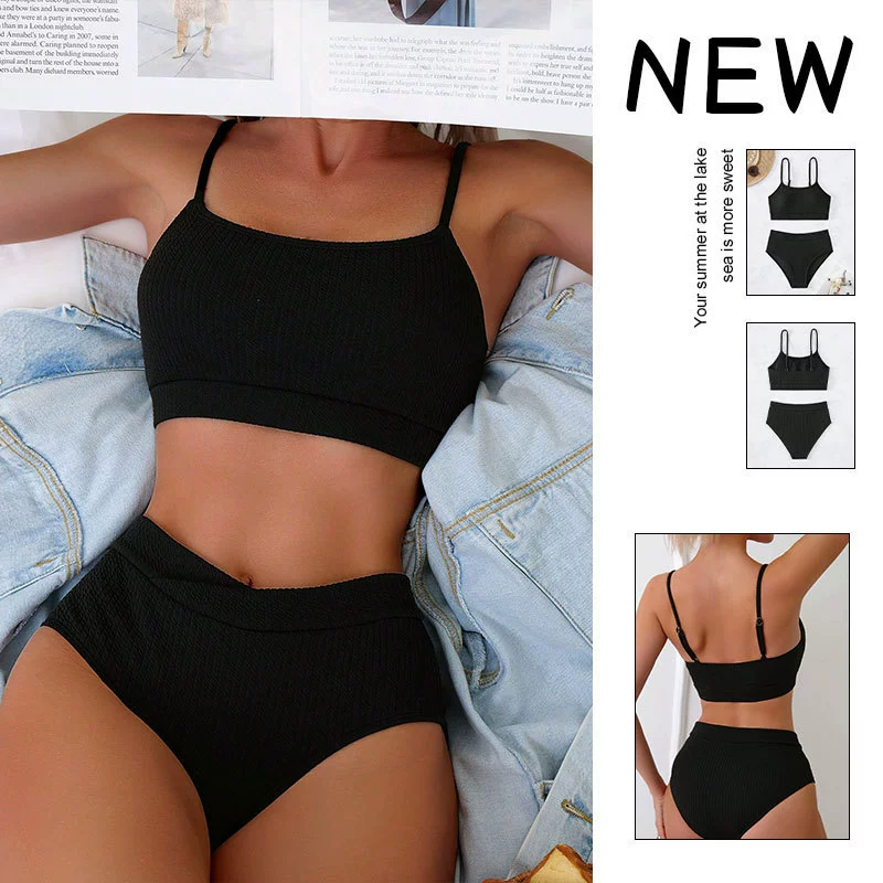 Two-Piece Bikini Set with Square Neck Top and High-Waist Bottom