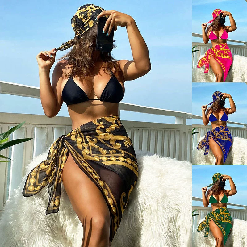 Women’s Three-Piece Bikini Set with Sarong and Headscarf