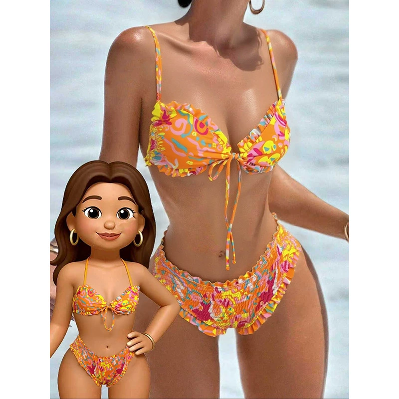 Ruffled Halter Neck Tie Front Two-Piece Bikini Set