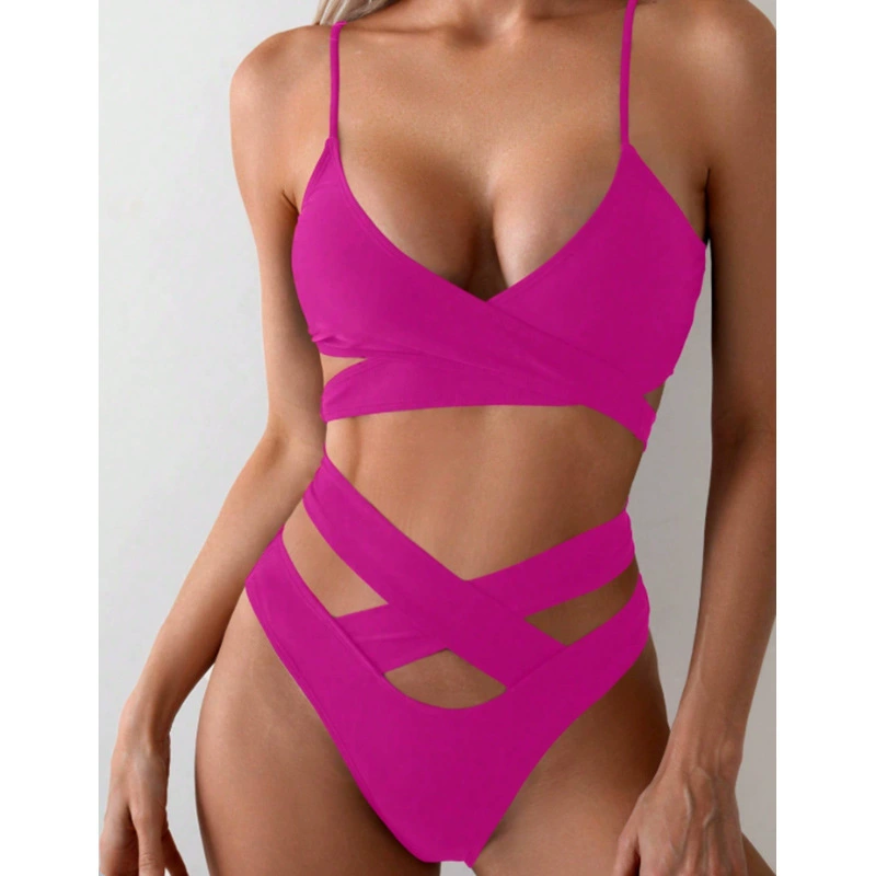 Sexy Cutout Bikini Set with Cross Front Top and High Waist Bottom
