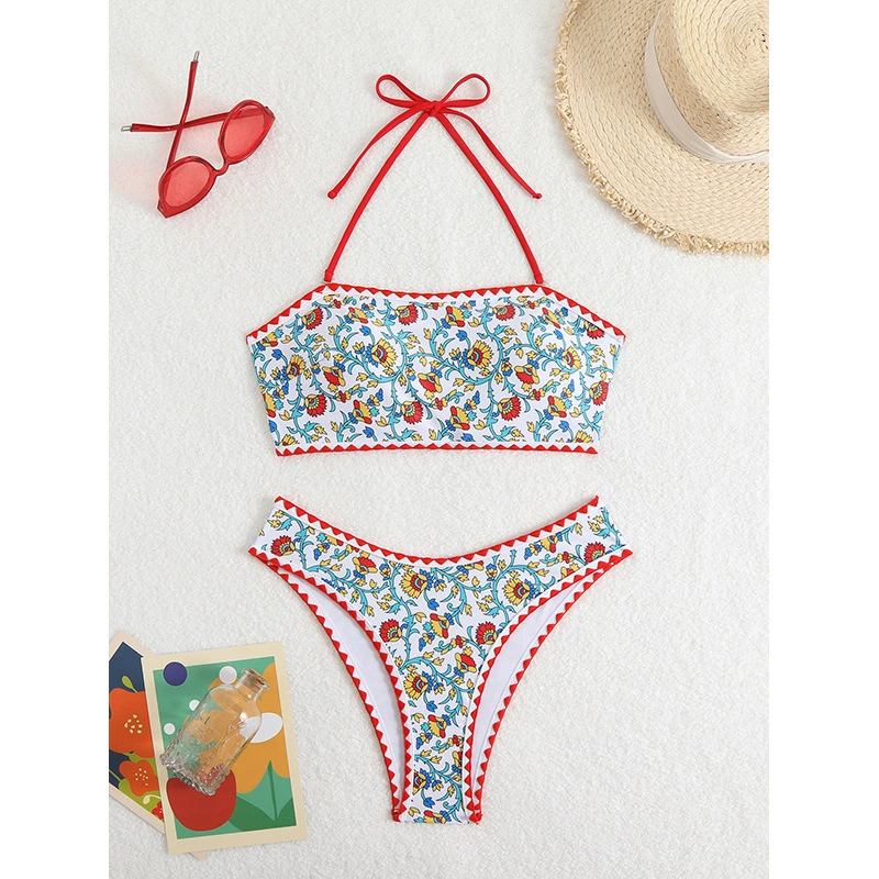 Halter Bandeau Bikini Set with Lace-Up Back