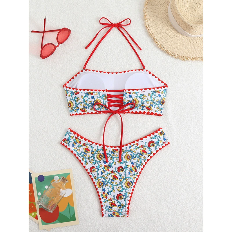 Halter Bandeau Bikini Set with Lace-Up Back