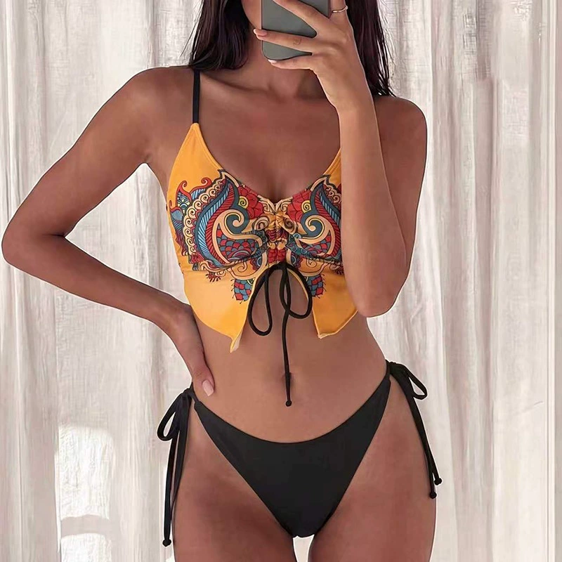 Spaghetti Strap Bikini Set with Front Drawstring and Side Tie Bottoms