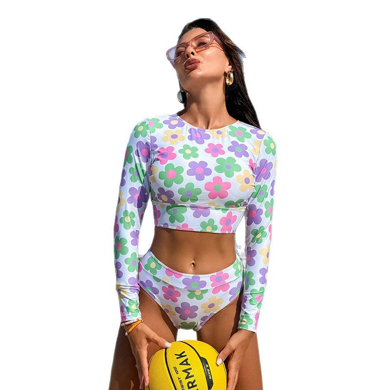 Long Sleeve Crop Top Bikini Set with High Waist Bottom view 5