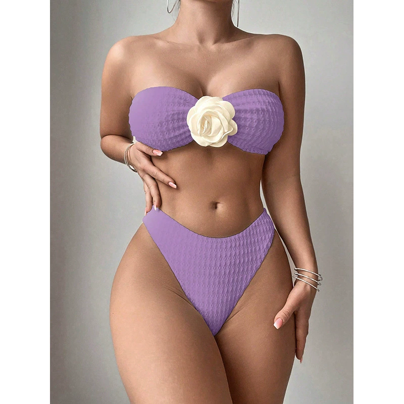Two-Piece Strapless Bandeau Bikini Set with High-Cut Bottom