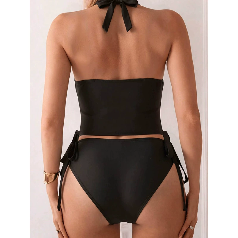 Halter Neck Two-Piece Bikini Set with High-Waist Tie-Side Bottoms