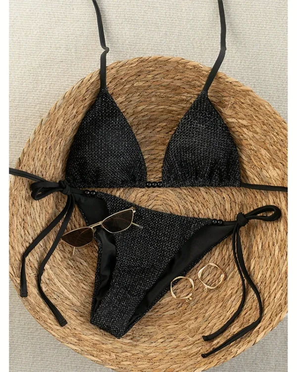Conjunto de bikini halter triangular con braga de lazo lateral