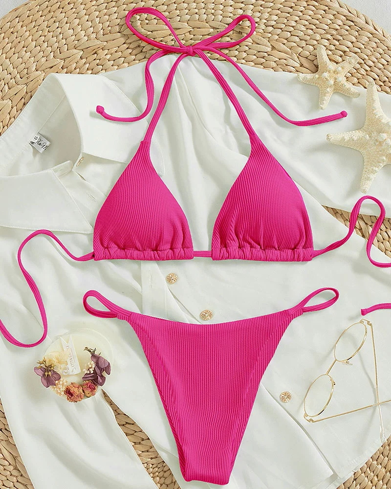 Triangle Halter Bikini Set with Side Tie Bottoms view 17