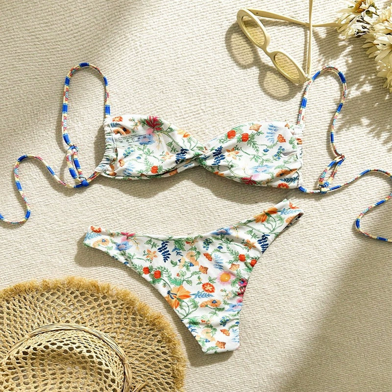 Women’s Twist Front Bandeau Bikini Set with High-Cut Bottom