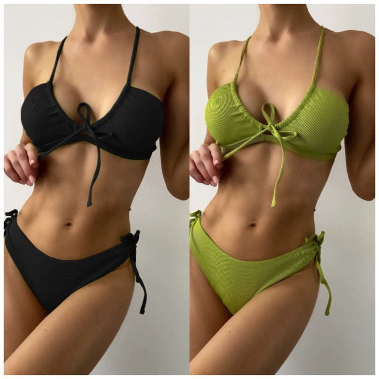 Halter Neck Two-Piece Bikini Set with Front Tie and Side Ties