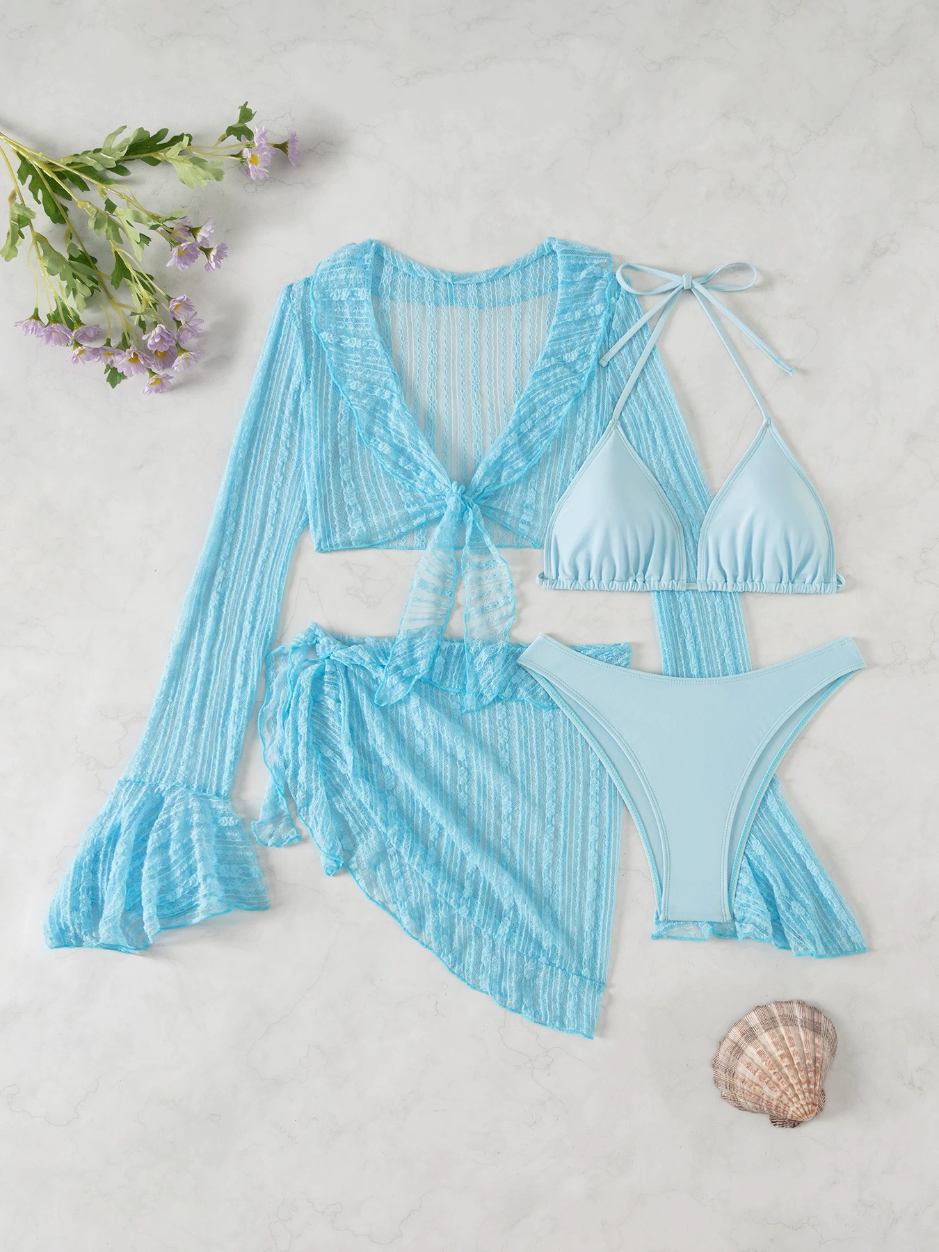 Four-Piece Bikini Set with Long Sleeve Cover-Up and Skirt view 10