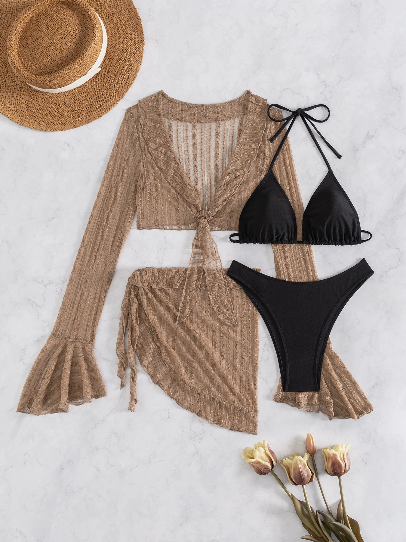 Four-Piece Bikini Set with Long Sleeve Cover-Up and Skirt view 11