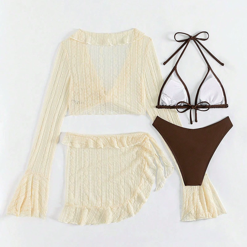 Four-Piece Bikini Set with Long Sleeve Cover-Up and Skirt view 3