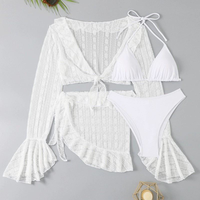 Four-Piece Bikini Set with Long Sleeve Cover-Up and Skirt view 7