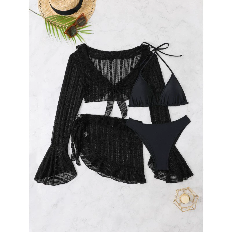 Four-Piece Bikini Set with Long Sleeve Cover-Up and Skirt view 8
