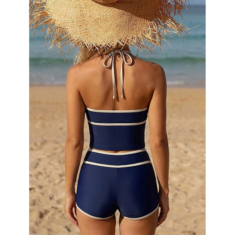 Halter Neck Triangle Top with High Waist Boy Shorts Bikini Set view 3