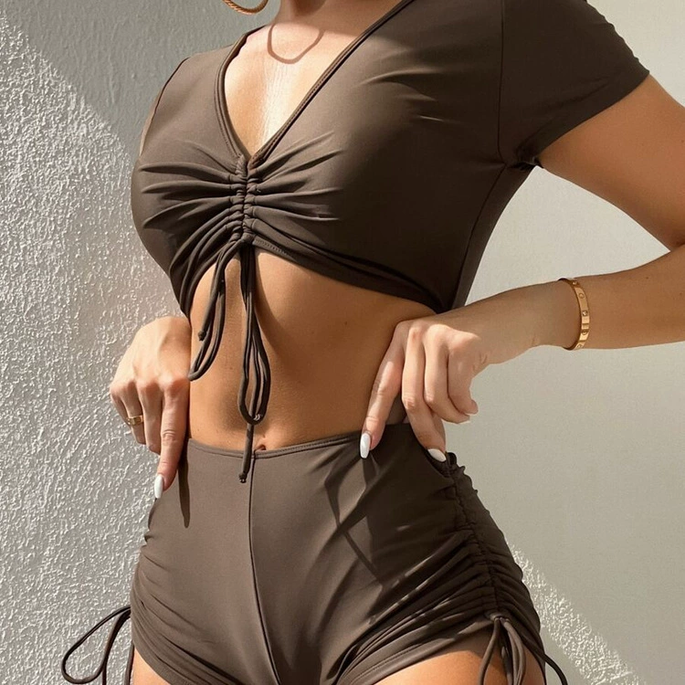 V-Neck Drawstring Short Sleeve Two-Piece Swimsuit