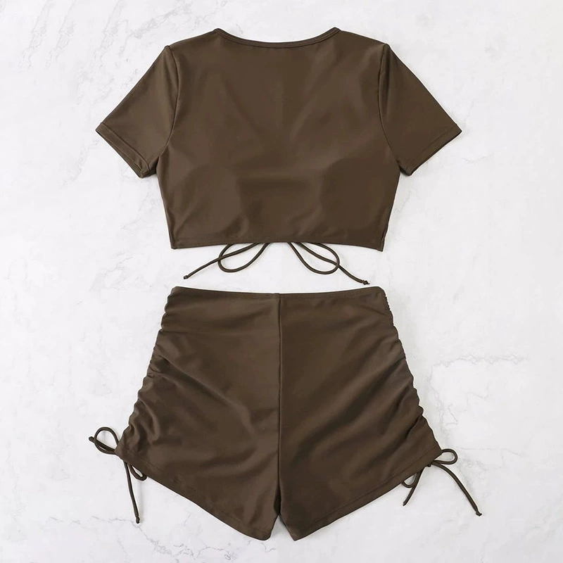 V-Neck Drawstring Short Sleeve Two-Piece Swimsuit