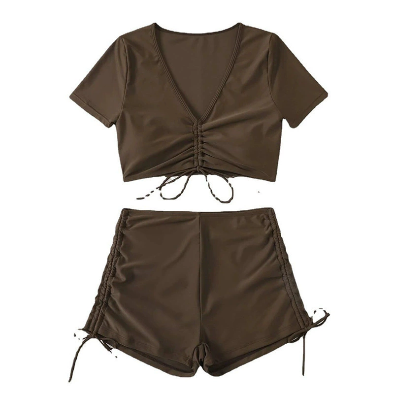 V-Neck Drawstring Short Sleeve Two-Piece Swimsuit view 5