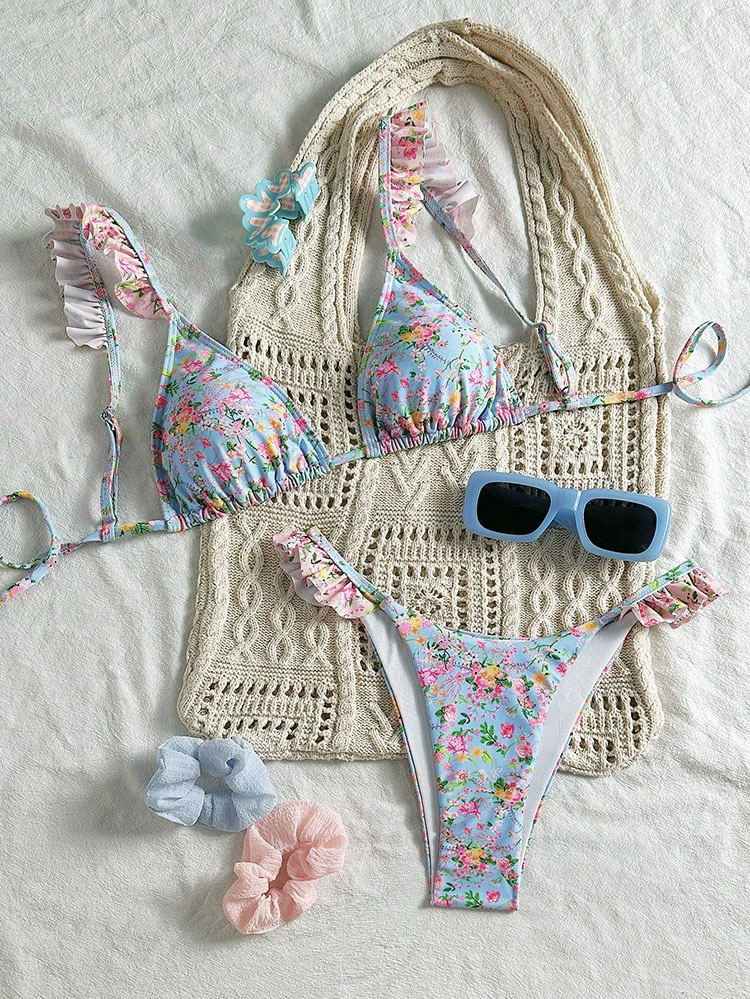 Ruffled Halter Triangle Bikini Set