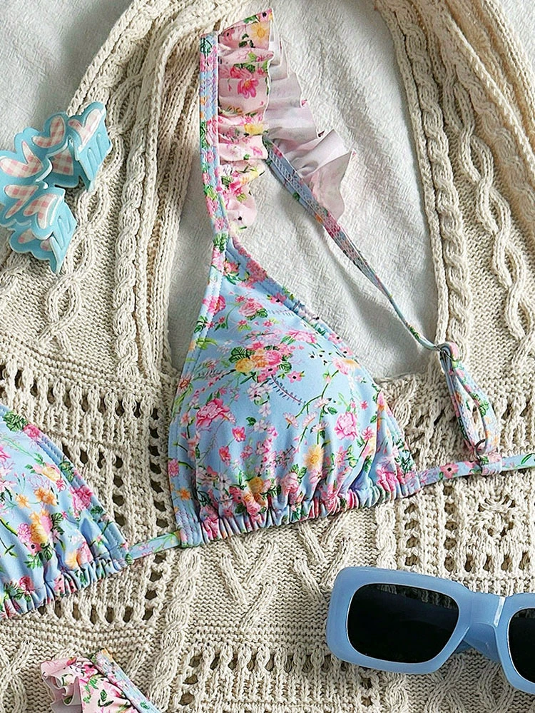 Ruffled Halter Triangle Bikini Set