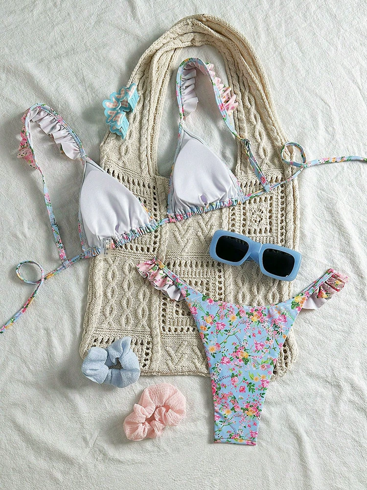 Ruffled Halter Triangle Bikini Set view 4