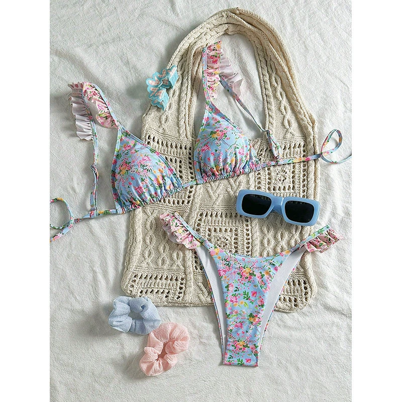 Ruffled Halter Triangle Bikini Set view 6