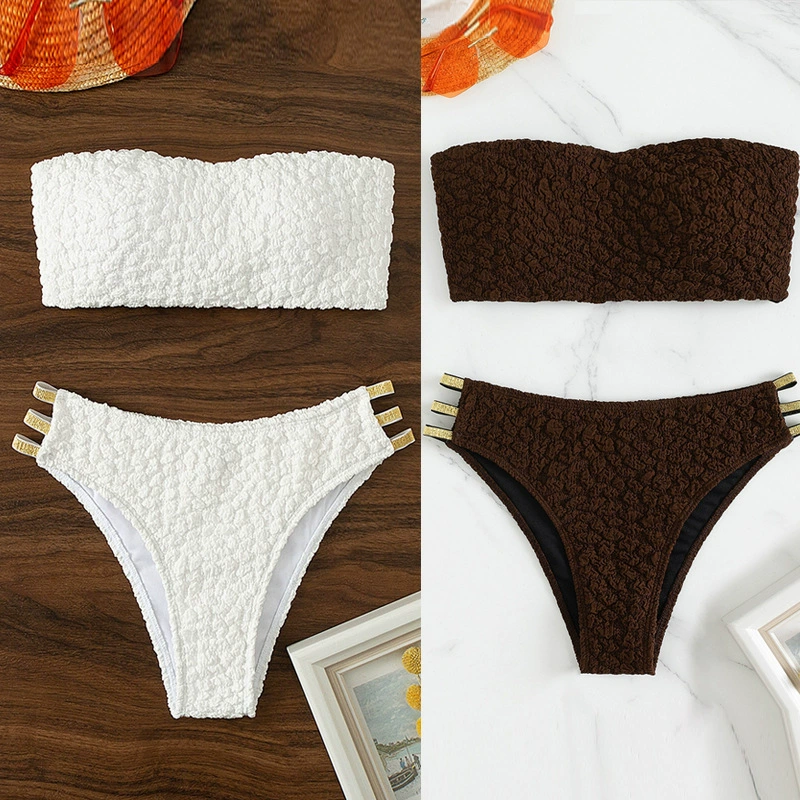 Textured Bandeau Bikini Set with High Waist Bottom