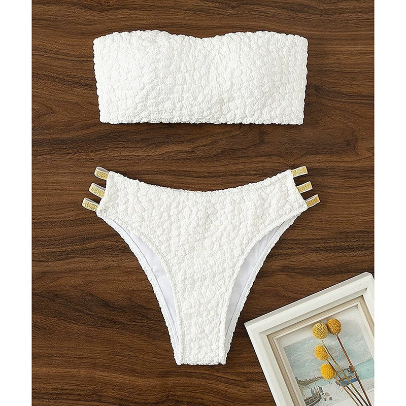 Textured Bandeau Bikini Set with High Waist Bottom view 4