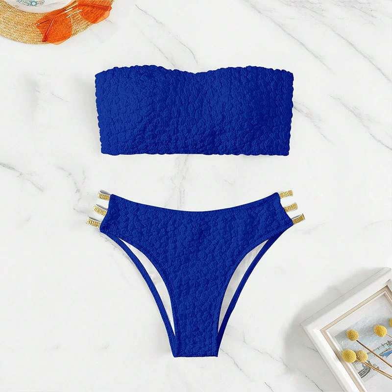Textured Bandeau Bikini Set with High Waist Bottom view 6