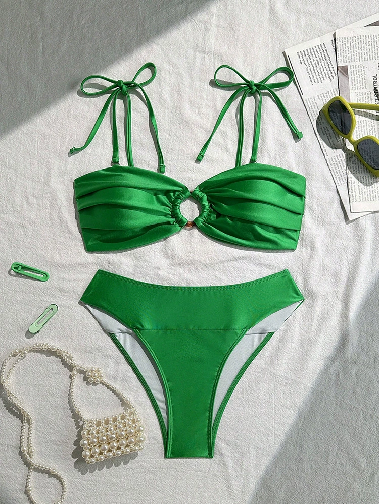 Two-Piece Bikini Set with Ring-Front Bandeau Top and High-Waist Bottoms view 6