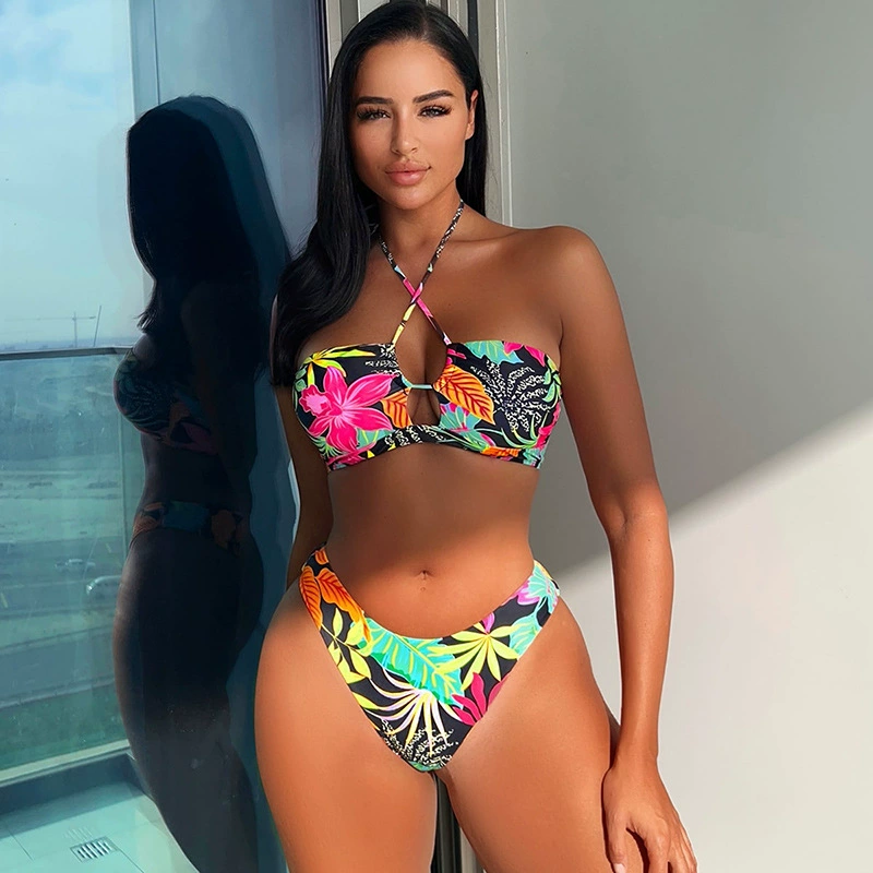 Two-Piece Halter Bikini Set with Cutout Top and High-Leg Bottoms