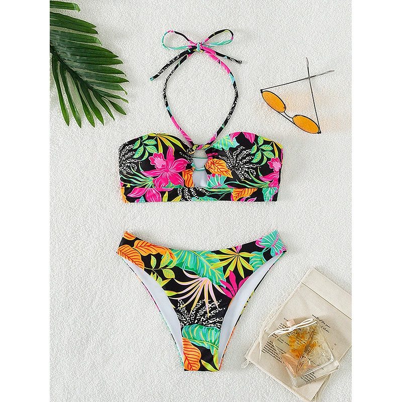 Two-Piece Halter Bikini Set with Cutout Top and High-Leg Bottoms view 3