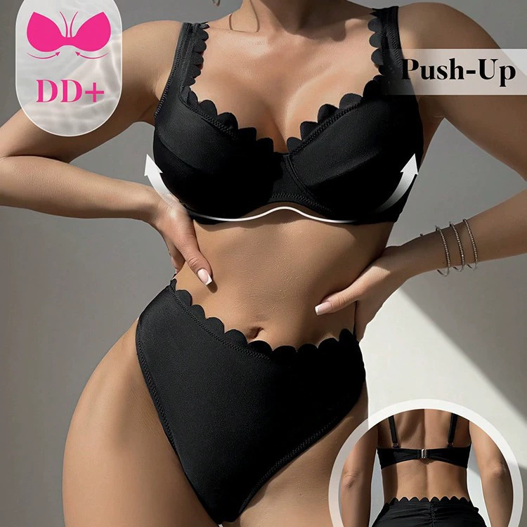 Scalloped Edge Bikini Set with Underwire Cups and High-Waist Bottom