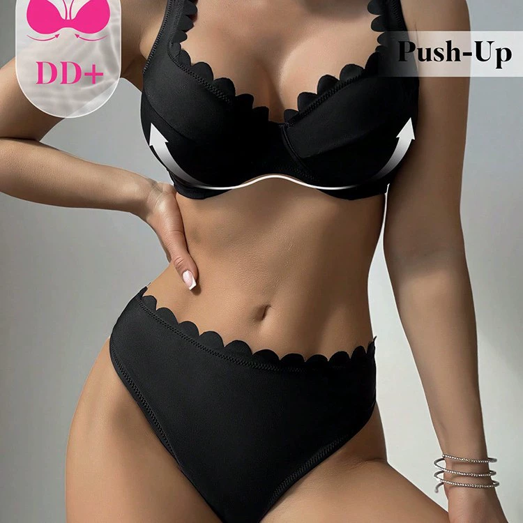 Scalloped Edge Bikini Set with Underwire Cups and High-Waist Bottom view 4