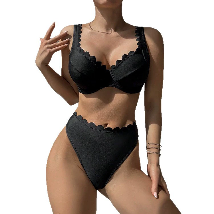 Scalloped Edge Bikini Set with Underwire Cups and High-Waist Bottom view 5
