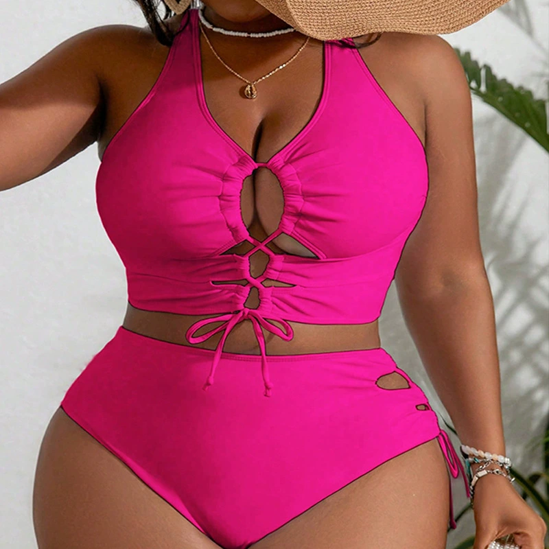 Two-Piece Halter Swimsuit with Lace-Up and High-Waist Bottoms