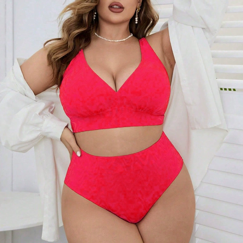 Two-Piece V-Neck High-Waisted Bikini Set with Adjustable Straps