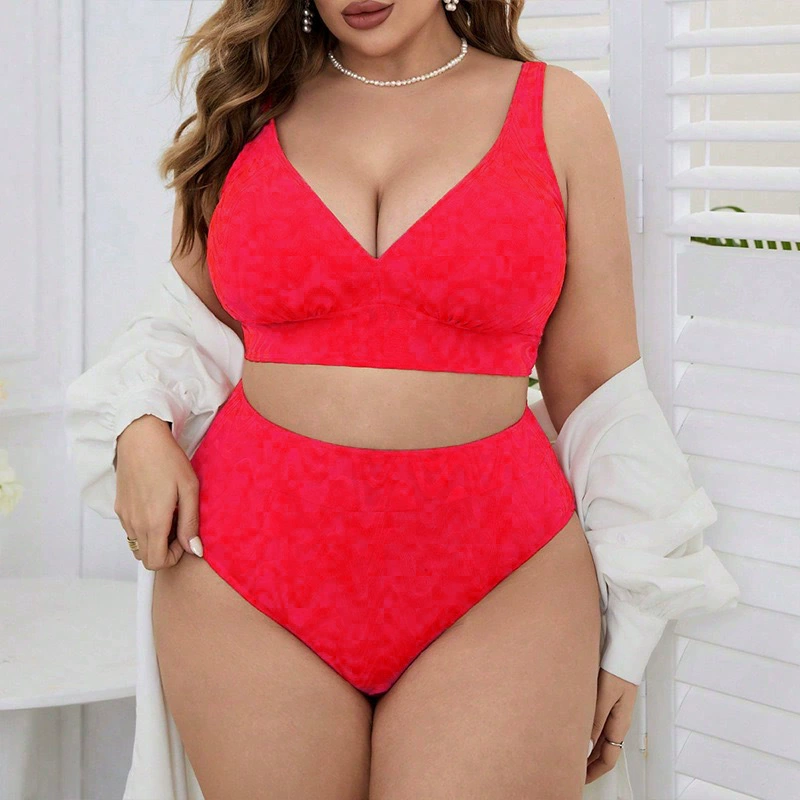 Two-Piece V-Neck High-Waisted Bikini Set with Adjustable Straps