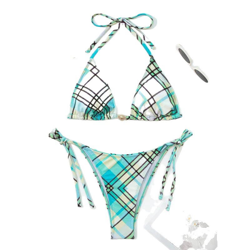 Bikini de dos piezas para mujer con top halter triangular y parte inferior con lazos