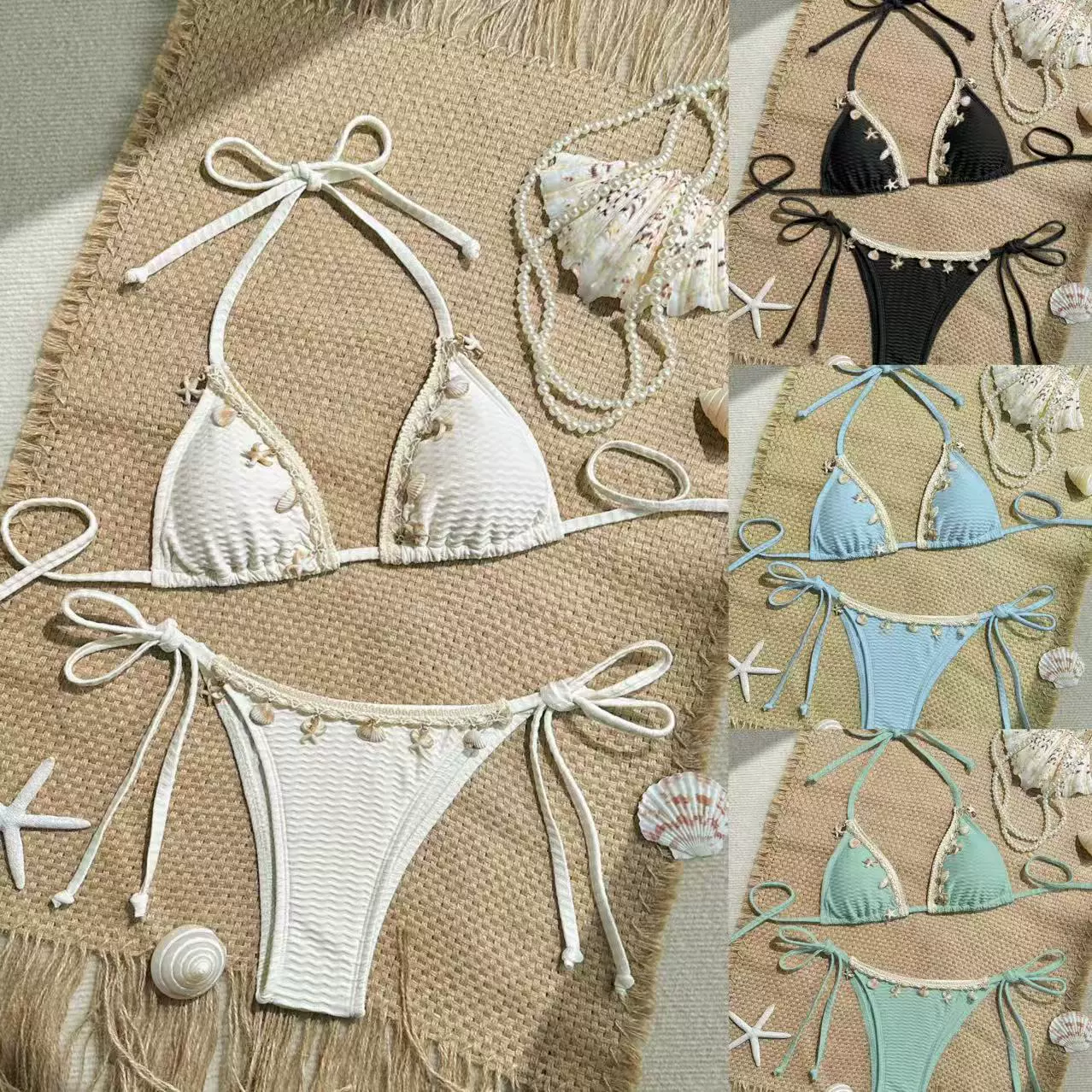 Shell Embellished Triangle Bikini Set with Side Ties