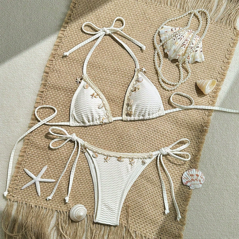 Shell Embellished Triangle Bikini Set with Side Ties