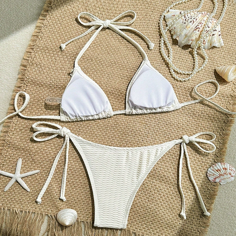 Shell Embellished Triangle Bikini Set with Side Ties view 3